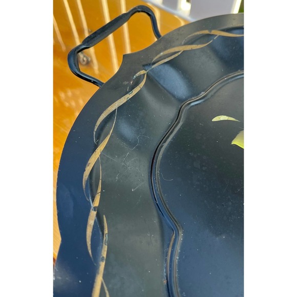 Black Vintage Hand-Painted Footed Toleware Serving Tray, Floral, Made in USA - Picture 4 of 10